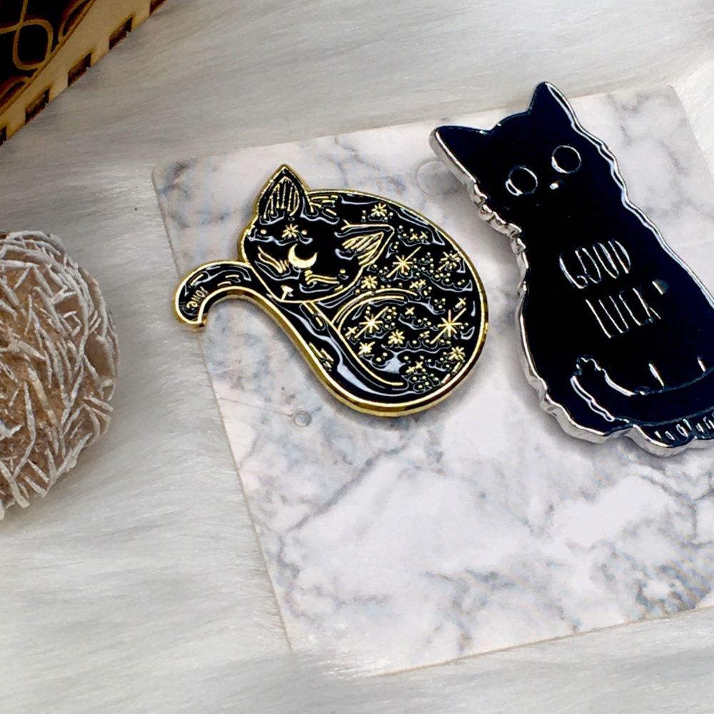 Celestial Moon Good Luck Black Cat Pin Brooch Set